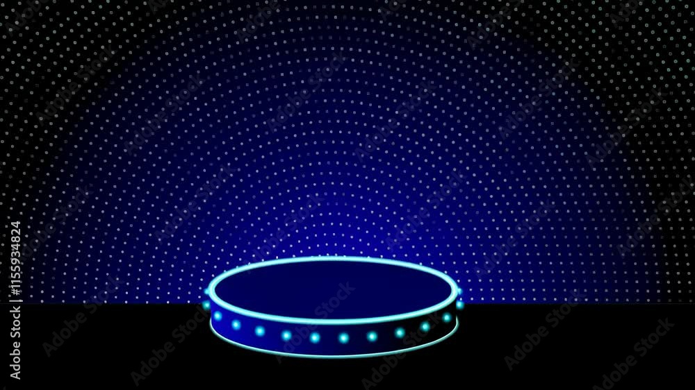 Aufkleber video features a round neon podium with a blue glowing ring on a glossy floor. abstract hi-tech back