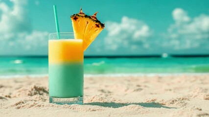 Refreshing tropical drink with a pineapple slice on a sandy beach, set against a bright blue ocean and sky, capturing summer vibes and relaxation  
