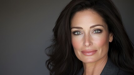 A woman with long dark hair and blue eyes