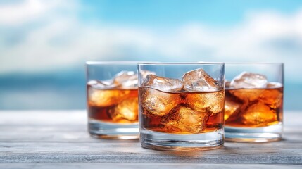 Three glasses of whiskey with ice on a wooden table