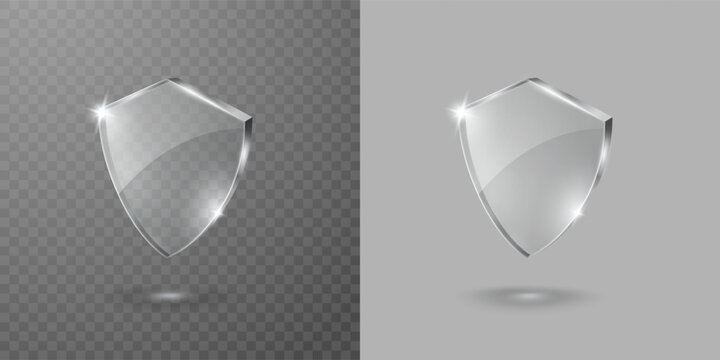 Shield isolated on transparent background. White acrylic protect emblem. Glass guard symbol. Vector glossy defense sign