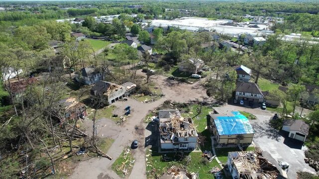 Drone passing over devastation in aftermath of Portage, Michigan tornado, May 7, 2024