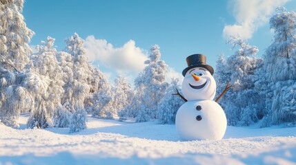 Obraz premium A cheerful snowman stands in a snowy forest under a clear blue sky.