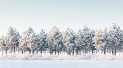 Pine trees covered with snow on frosty evening. Beautiful winter panorama