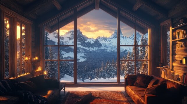 Cozy cabin in the mountains with a view of the snowy landscape outside.
