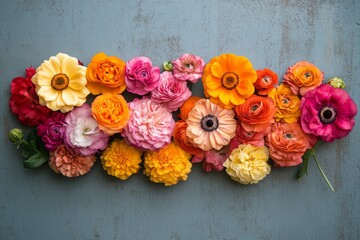 Colorful display of assorted flowers in a rustic wooden arrangement