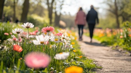 Overweight individuals walk together along a scenic path in a sunny park filled with blooming flowers and vibrant greenery