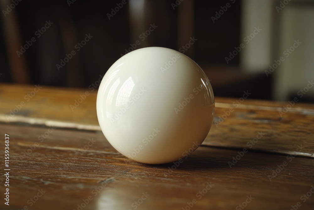 Poster white spherical object resting on wooden surface with soft lighting and shadow effects