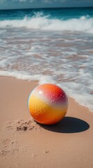 Obraz premium Colorful beach ball resting on sandy shore near ocean waves in bright sunlight