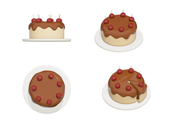Chocolate cake with red cherries on top 3D render.