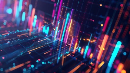 Obraz premium Financial graph with trend line and candlestick chart showing stock market data on a neon-colored blurred background.