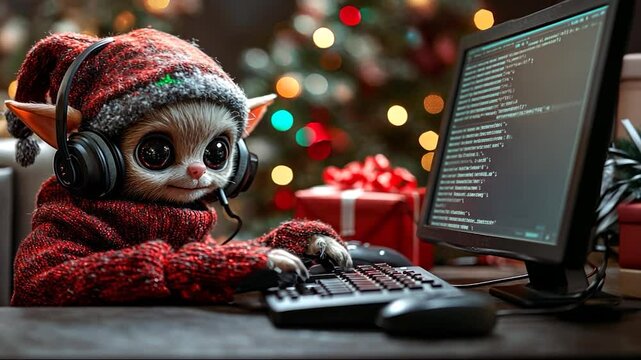 Holiday video editing: cute creature in cozy sweater and headphones at computer with festive background