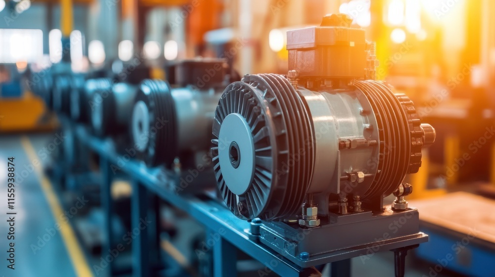 Poster detailed motors on display in a bright workshop setting