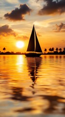 Fototapeta premium A sailboat floating in the ocean at sunset with palm trees in the background