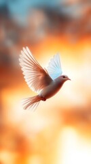 A white bird flying through the air with its wings spread