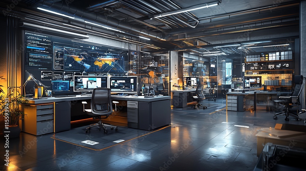 Poster Modern tech office with multiple workstations, large screens displaying data, and industrial design elements.