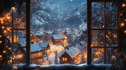 A cozy mountain village view through a snowy window with warm lights creating a serene and picturesque winter scene