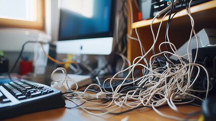 Messy electric cables on the computer desk