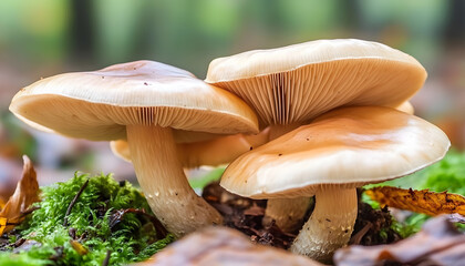 Close-up of three mushrooms growing on moss in an autumn forest