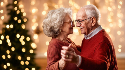 A joyful elderly couple dances together, surrounded by warm holiday lights, celebrating love and togetherness during the festive season.