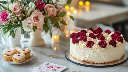 Naklejka premium A minimalistic Valentine's Day setup featuring heart-shaped cookies, an elegant cake with roses, candles, flowers, and handmade cards on a marble countertop