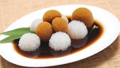 Deliciously presented glutinous rice desserts with a rich sauce. Close-up of colorful and appetizing glutinous rice desserts