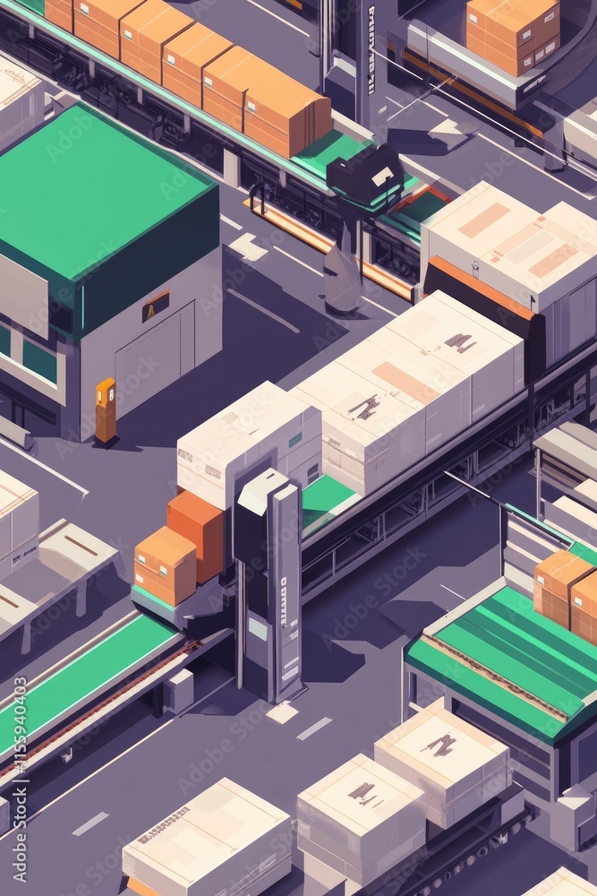 Poster a detailed isometric view of a logistics hub with containers and conveyor systems.