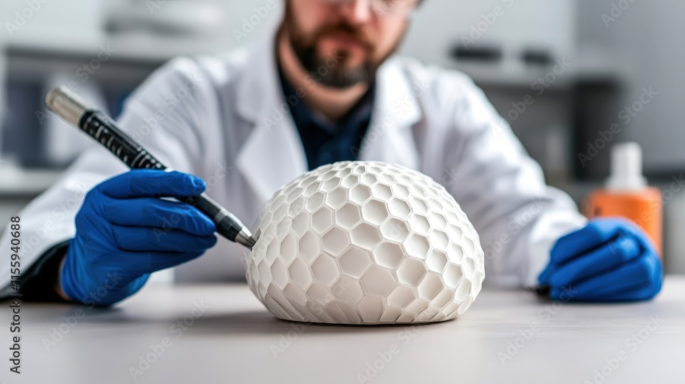 Poster Material science and biomaterials, A researcher examines a textured object while drawing on it in a lab setting.