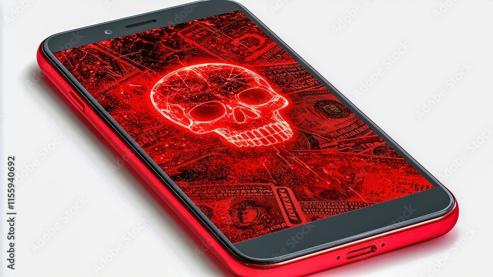 Aufkleber hacked smartphone displaying a glowing skull symbol in a creative project design.
