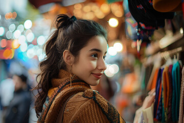 Obraz premium Portrait of a smiling woman in a shop market generative ai