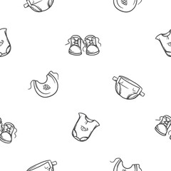 Simple black and white seamless pattern with baby products and newborn supplies. Vector editable background with children's clothes and shoes. bib and bodysuit. Design of wrapping paper, print