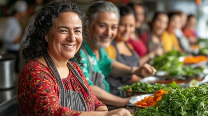 Overweight individuals of diverse ages and genders participate in a vibrant cooking class, preparing fresh ingredients in a bright kitchen