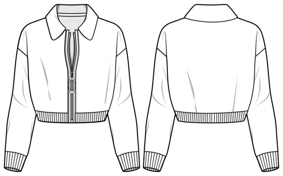 Collared Crop Zip Up Jacket  Front and Back View. Fashion Illustration, Vector, CAD, Technical Drawing, Flat Drawing, Template, Mockup.
