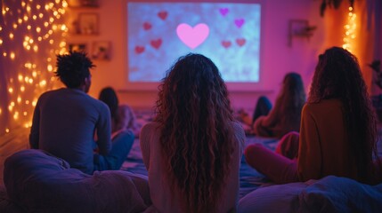 A diverse group of friends enjoying a Valentine's Day movie night, surrounded by cozy blankets, popcorn, and heart-shaped pillows under warm fairy lights