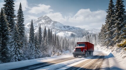 A red truck navigates a snowy mountain road surrounded by evergreen trees.