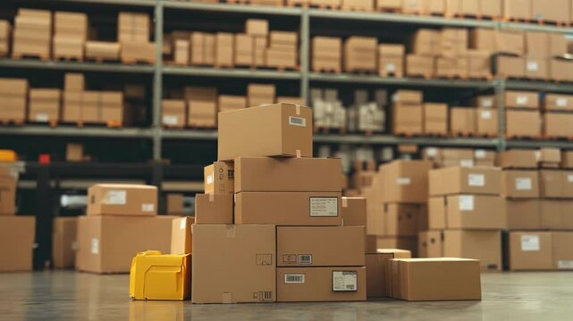 Piles of cardboard boxes in a large storage warehouse with organized shelves for industrial logistics and efficient supply chain management. Inventory, packaging and order fulfillment