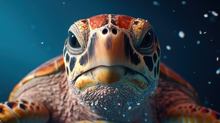 Fototapeta premium A vibrant close-up of a sea turtle swimming through microplastic on water, showcasing contamination and pollution
