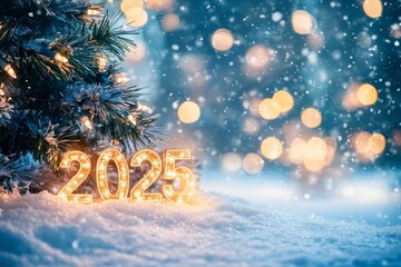 New Year 2025 numbers in the snow with a Christmas tree and lights, a New Year concept. - Generative AI