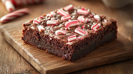 Fudge brownie topped with crushed candy canes on wooden board.