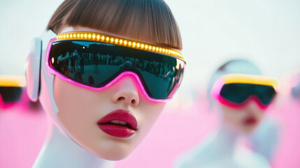Metaverse avatars showcasing futuristic goggles adorned with vibrant led lights, immersed in a colorful virtual reality environment featuring a striking pink background