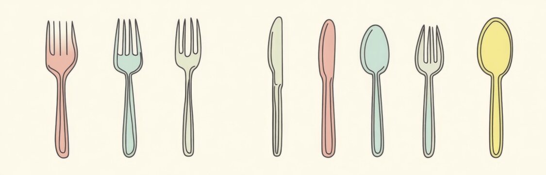 Fork, knife, and spoon as a set, paired with a logotype menu, styled in flat design. The silhouettes of the cutlery are showcased in a contemporary illustration.