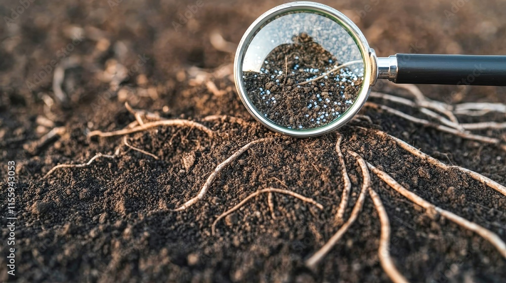 Poster a close-up view of soil with roots and microplastic, highlighted by a magnifying glass, showcasing c
