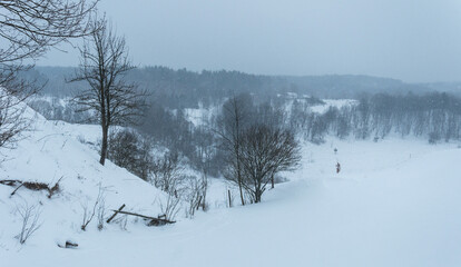 Walk over the river Sluch in the snowfall.