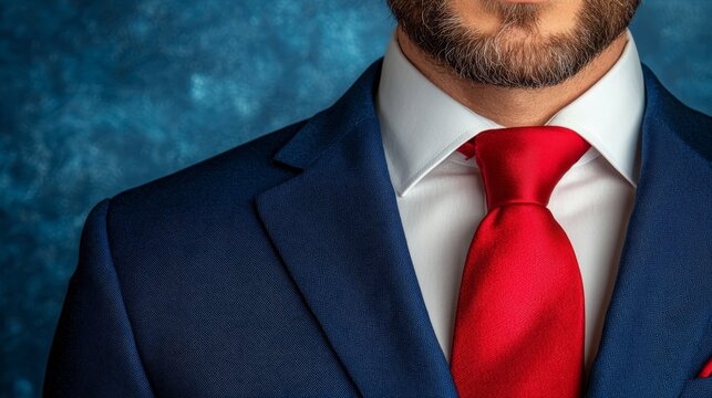 A man in a blue suit with a red tie