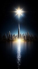 Fototapeta premium A city skyline at night with a star in the sky