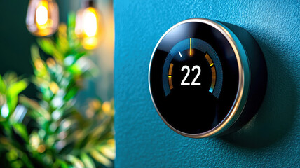 To electricity cost reduction, A sleek digital thermostat displays a temperature of 22C against a stylish teal wall, complemented by warm hanging lights and greenery.