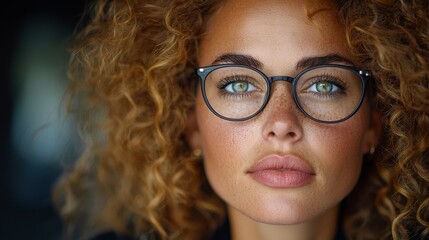 Obraz premium A woman with curly hair wearing glasses looking at the camera