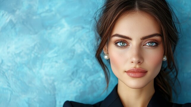 A woman with blue eyes and a black jacket