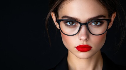 A woman wearing a black suit and red lipstick