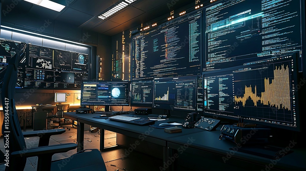 Poster Hacker's dark room with multiple monitors displaying code, graphs, and data.